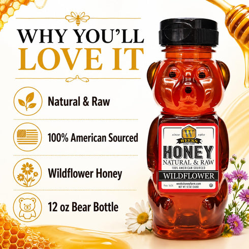 (12 oz) Weeks Honey Farm Wildflower Honey - Pure, Raw, Unfiltered, Gluten Free, Kosher, and Rich in Nutrients