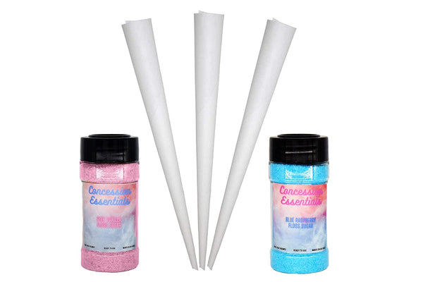 Concession Essentials Cotton Candy Floss Sugar with 100ct Cotton Candy Cones, 16oz Jar, 2pack,