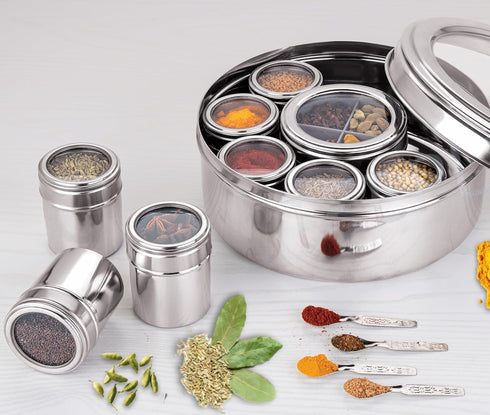 Generic 2.5L (22.5 cm, 12 Inches Indian Stainless Steel Masala Box | -Spice Box For Kitchen | Large Masala Dabba