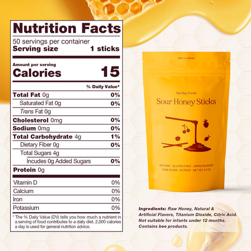 Sun Bay Foods 100% (50, Sunbay Foods Organic Honey Sticks - Pure Raw Clover Honey Straws - Easy to Open Natural