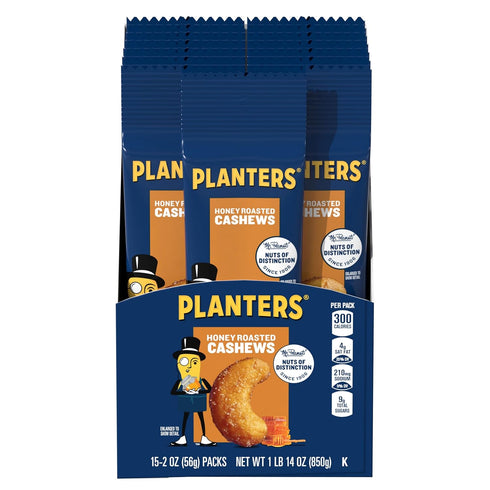PLANTERS Deluxe Honey Roasted Whole Cashews, Party Snacks, Plant-based Protein, 2 oz
