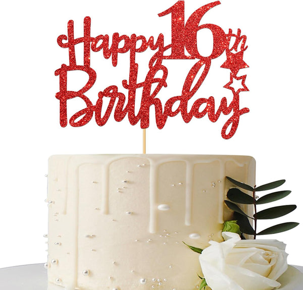 Red Glitter Happy 16th Birthday Cake Topper, Sixteen Sign Cake Topper, Cheers to 16 Years Party Supplies