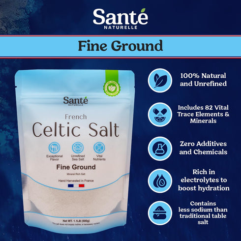 1.1lb (18oz) 82+ 100% Sante Naturelle Celtic Salt Organic Fine Ground - Unrefined French Mineral Sea Salt Organic, Rich