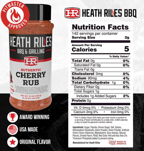 Heath Riles BBQ Cherry Rub Seasoning: Champion Pitmaster Recipe, Shaker Spice Mix, 10 oz.