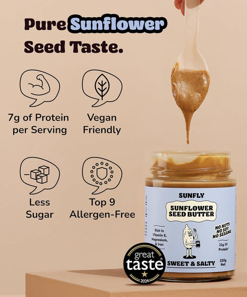 2x11.6oz SUNFLY Sunflower Butter, Vegan, Nut-Free, High Protein Spread, Rich in Vitamins & Minerals, Plant-Based Peanut