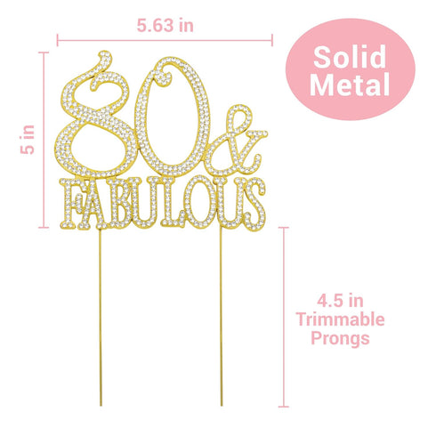 Premium Gold Metal 80 Cake Topper - 80 and Fabulous - 80th Birthday Party Decoration, Sparkly Rhinestone