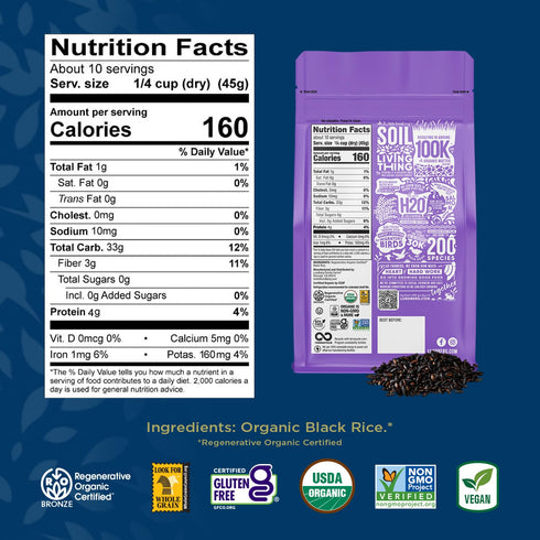 16 Oz Lundberg Black Pearl Rice, Regenerative Organic Certified Full-Bodied Black Rice, Responsibly Grown