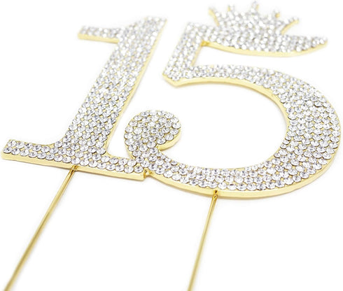 Number 15 Quinceanera Rhinestone Princess Crown Monogram Cake Topper, Sweet 15th Birthday Party (Gold)
