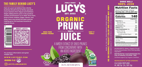 100% 34 oz. (Pack 2) Lucys Family Owned - AMERICAN PRUNES Organic Prune Juice, Glass Bottle