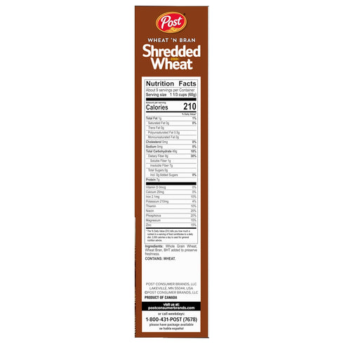 Post 18 1 count Wheat n Bran Shredded Wheat, Breakfast Cereal, Excellent Source of Fiber, Kosher Ounce