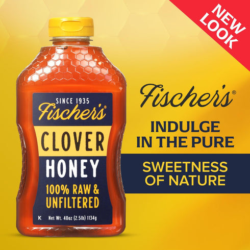 40 oz 100% Packed Fischer's Pure Clover Honey Pure, Raw and Unfiltered Honey in a Squeeze Bottle All-Natural Sweetener