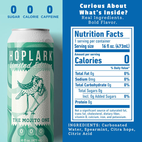 16fl oz (Pack 12) HOPLARK Sparkling HopTea THE MOJITO ONE, Tall Cans of Unsweetened Antioxidants Polyphenols Zero
