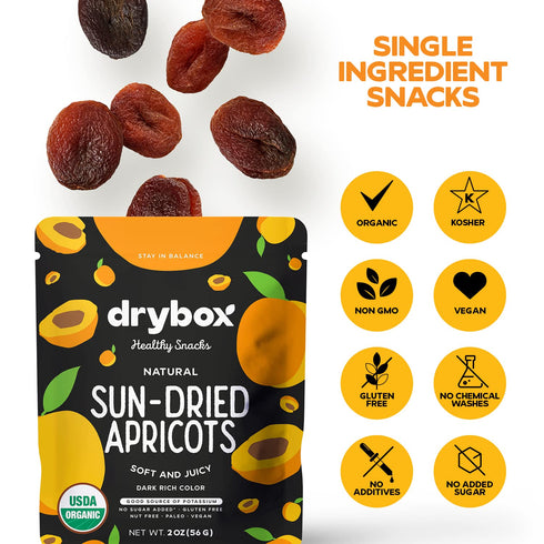 12 Packs, 2 oz Pack, 12 Packs Drybox Unsulfured Sun Dried Turkish Apricots Lunch Unsweetened No Sugar Added, Non-GMO