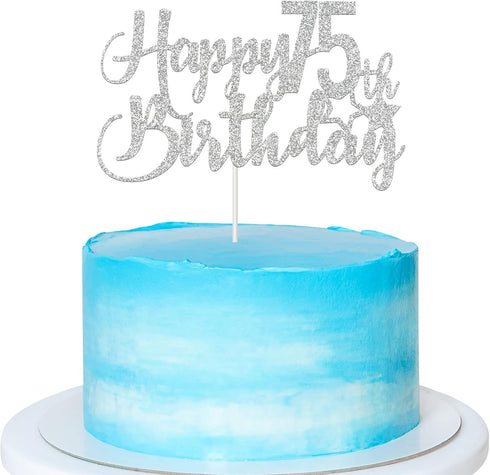 Silver Glitter Happy 75th Birthday Cake Topper - 75th Birthday Party Decoration, 75th Birthday Cake Topper