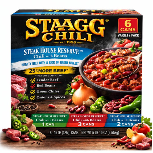 Pet4Homy 15 oz (Pack 6) Stagg Steakhouse Reserve Chili with Beans, Cans of Hearty Beef Chili, Ready to Eat, High