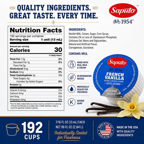 192 Count Pack French Vanilla Coffee Creamer Cups Single Serve Non-Dairy Creamer No Refrigeration Needed Rich Vanilla