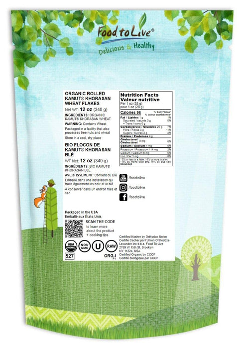 12 Food to Live Organic Rolled KAMUT Khorasan Wheat Flakes, Ounces - Non-GMO, Whole Wheat Berries, Kosher, Bulk, Great