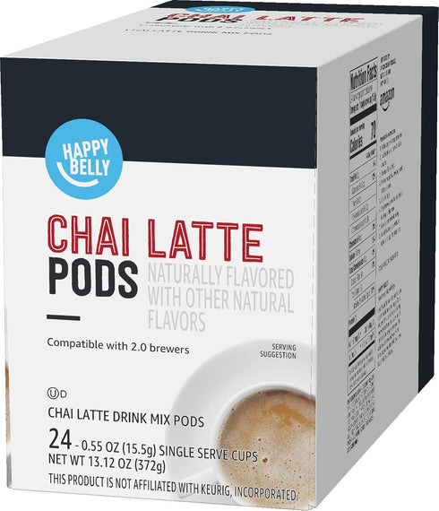 2.0 24 Count Happy Belly Tea Pods Compatible with K-Cup Brewers, Chai Latte, (Previously Solimo)