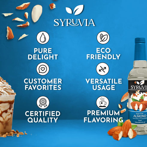 25.4 oz Syruvia Sugar Free Coffee Syrup, Almond Flavored Syrup for Drinks, Lattes, and Desserts fl