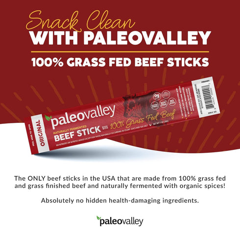 100% Paleovalley Grass Fed Original Beef Sticks - Delicious Gluten Free Beef Snack - High Protein Keto Friendly
