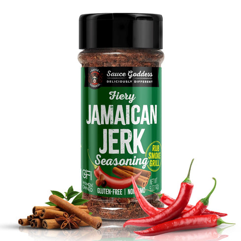 Sauce Goddess Fiery Jamaican Jerk Spice Shaker, Low Sugar, Low Sodium, Vegan Friendly Seasoning for Cooking