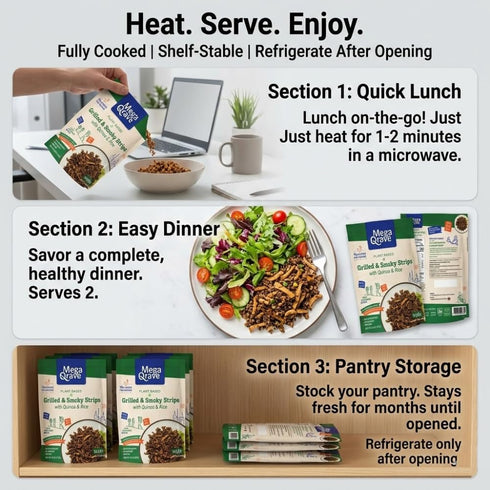 Mega Qrave 10 oz 15g Plant-Based Grilled & Smoky Strips with Quinoa & Rice, Ready-to-Eat Shelf-Stable Vegan Meal