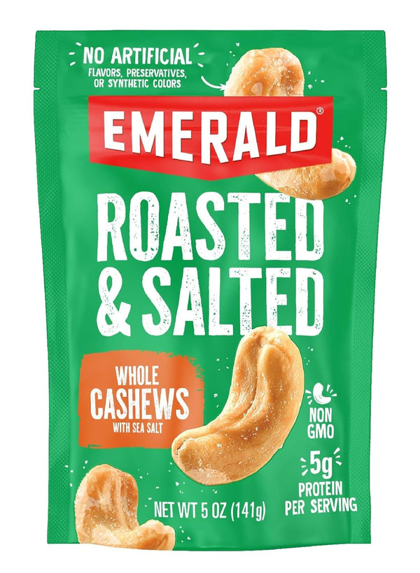 Roasted and Salted Whole Cashews Emerald Nuts (1-Pack), 5oz Resealable Bag, Kosher Certified