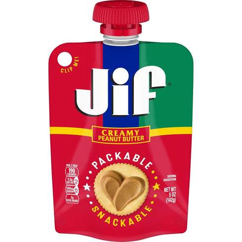 5 oz. 6 count Jif Portable Squeeze Creamy Peanut Butter, Resealable Pouch