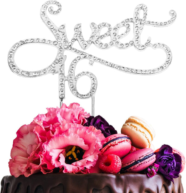 Sweet 16 Cake Topper - Crystal Rhinestone Party Decoration for 16th Birthday or Wedding Anniversary