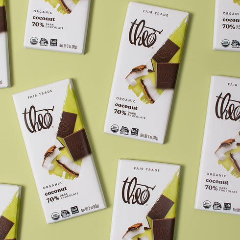 70% 6 Pack Theo Chocolate Coconut Organic Dark Chocolate Bar, Cacao, | Vegan, Fair Trade