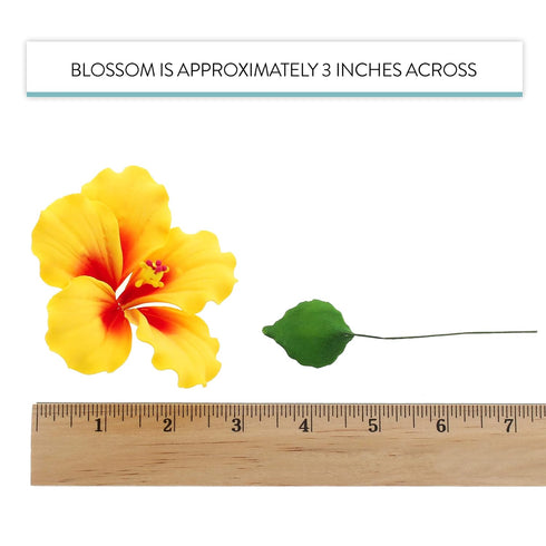 3 Count Global Sugar Art Hibiscus Sugar Cake Flowers, Yellow with Red, with Leaves by Chef Alan Tetreault
