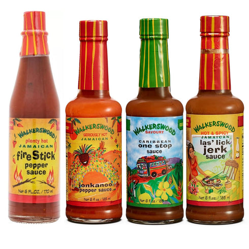 Walkerswood Hot & Savory Sauce Kit - 1 x 6oz Fire Stick Sauce, 1 x 6oz Hot JonKanoo Pepper Sauce, 1 x 6oz Zesty Caribbean One Stop Sauce, 1x 6oz Las'Lick Jerk Sauce