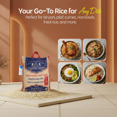 10 lb 4.5kg Golden Crown Indian White Basmati Rice - Naturally Aged - Gluten Free, Rich Aroma, Non Sticky & Extra Long