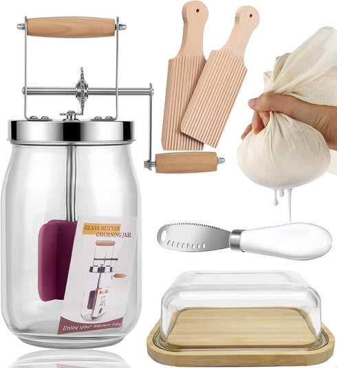 Retro Manual Butter Churn Kit - Wooden Hand-Crank Butter Maker with Glass