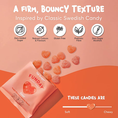 12 50g FUNDAY Sour Peach Hearts x Bags No Sugar Added Gluten-Free Sour Candy with Natural Flavors & Prebiotic Fiber
