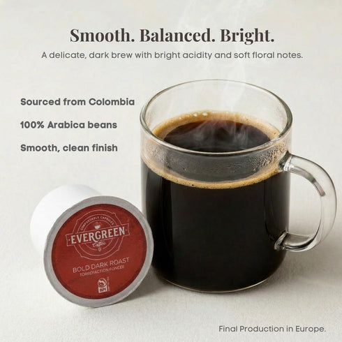 100% (72 Count) Evergreen Compostable Single Serve Coffee Pods - Dark Roast Bold Blend - Arabica Beans