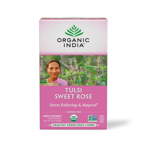 ORGANIC INDIA Tulsi Sweet Rose Herbal Tea - Holy Basil Leaf, Chamomile, Lemon Myrtle, Immune Support, 18 Infusion Bags