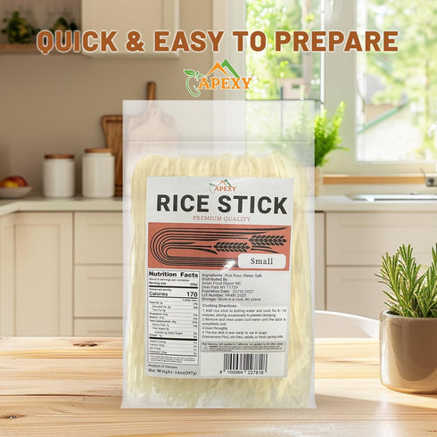 APEXY 14 oz Pack 3 Rice Sticks, of Small Size - Premium Quality Rice Noodles for Stir-Fry, Soup, Pho, Pad Thai, Spring