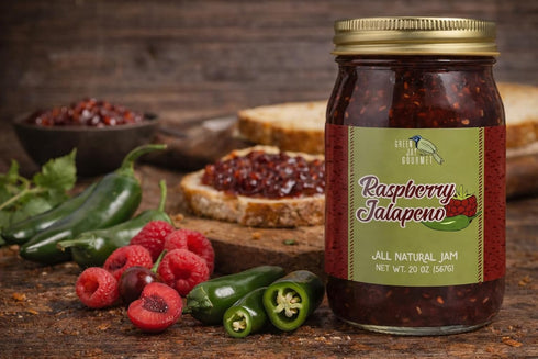 2 20 Green Jay Gourmet Raspberry Jalapeno Jam - All-Natural Raspberry Jam with Red Raspberries, Jalapeno Peppers