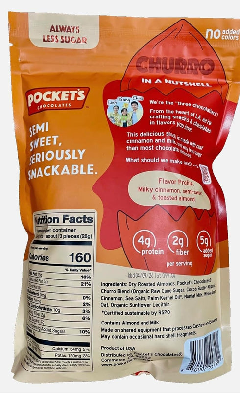 Pocket's Chocolates 16 oz, Pockets Chocolates Churro Coated Dry Roasted Almonds Real Cinnamon And Milk