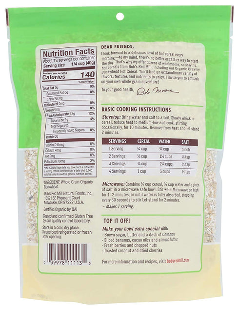 18 (Pack 2) Bob's Red Mill Organic Gluten Free Creamy Buckwheat Hot Cereal, Ounce
