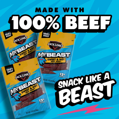 (10 Pack) 1.25 oz 12g 100% Jack Link's x MrBeast Sweet & Hot Beef Jerky - Bag - Ready to Eat Protein Snacks - Protein