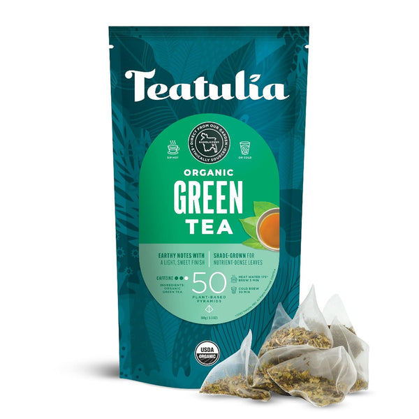 Teatulia Organic Green Tea Bags (50 Pyramid Sachet Teabags) Pure Whole Leaf