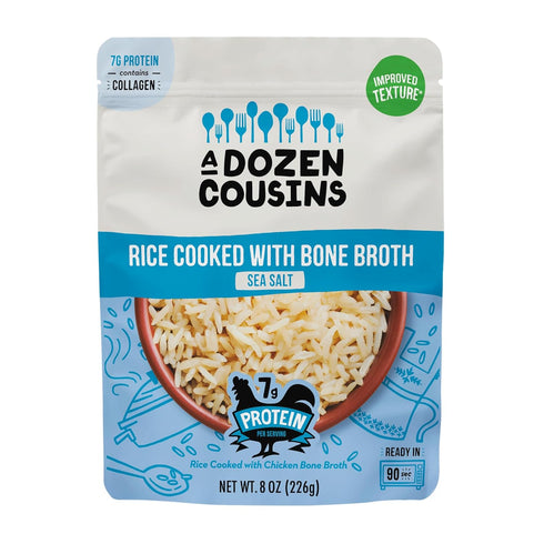 Dozen 6pk, 8oz Packets A Cousins Sea Salt Bone Broth Rice Ready to Eat Seasoned High Protein Rice, Clean Ingredients