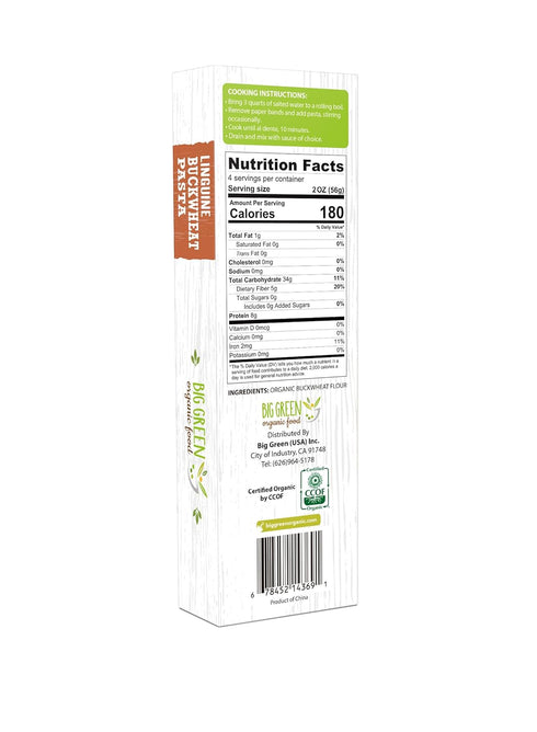 8.8oz (3 Pack) Big Green Organic Food- Organic Buckwheat Linguine, Gluten-Free, Single Ingredient, Pure Buckwheat
