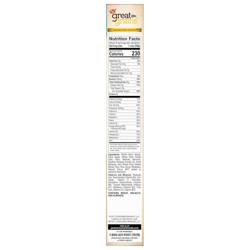 Great Grains 18 OZ Banana Nut Crunch Breakfast Cereal for Adults, Made with Whole Grain, Non-GMO, Heart Healthy, Box