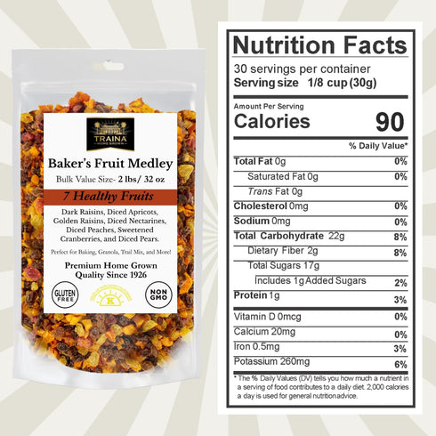 (2 lbs) Traina Home Grown Bakers Dried Fruit Medley - Raisins, Apricots, Peaches, Nectarines, Pears, Sweetend