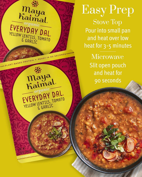 (Pack 3) Maya Kaimal Foods Organic Indian Everyday Dal of Fully Cooked Ready to Eat Meals w/Yellow Lentils, Tomato