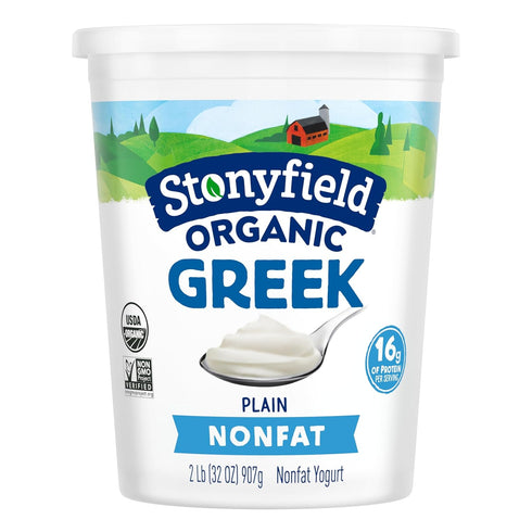Stonyfield Organic Greek Nonfat Yogurt, Plain, 32 oz. High in Protein (16g), 0% Fat;