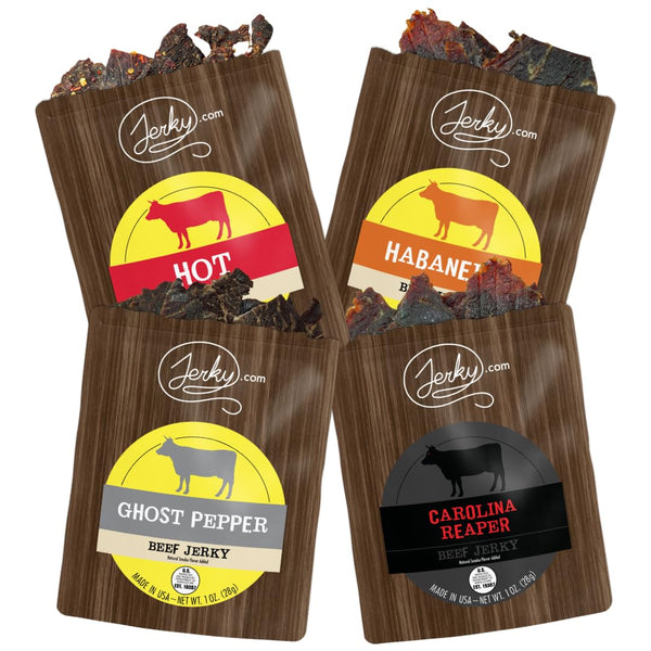 Jerky.com Hot Jerky Sampler - Featuring Habanero, Ghost Pepper, Carolina Reaper, and